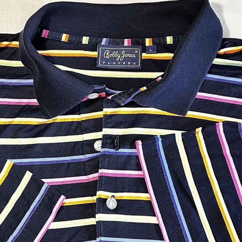 Bobby Jones Player Polo L Black Multi color Stripe Short Sleeve Shirt - Picture 2 of 6